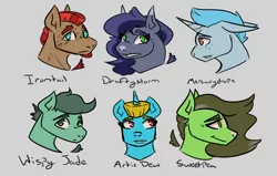 Size: 1576x1000 | Tagged: safe, artist:hiddenfaithy, derpibooru import, oc, oc:artic dew, oc:draftystorm, oc:irontail, oc:mercurydrops, oc:sweetpea, oc:wispy jade, unofficial characters only, pegasus, pony, unicorn, fallout equestria, coat markings, fallout equestria:uncertain ties, freckles, image, png, scar, simple background, sketch, text