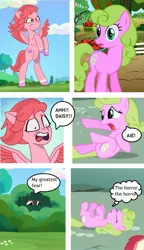 Size: 949x1645 | Tagged: safe, derpibooru import, screencap, daisy, flower wishes, lily, lily valley, roseluck, earth pony, pegasus, pony, applebuck season, my little pony: tell your tale, the super speedy cider squeezy 6000, zipp's flight school, spoiler:g5, spoiler:my little pony: tell your tale, spoiler:tyts01e02, female, g4, g5, image, jpeg, scared, text, windy (g5)