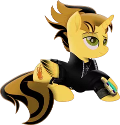 Size: 6967x7302 | Tagged: safe, artist:lincolnbrewsterfan, derpibooru import, oc, oc:killer epic, ponified, alicorn, pony, fallout equestria, my little pony: the movie, .svg available, alicorn oc, belt, bomber jacket, clothes, colored wings, cowlick, crossed legs, fallout equestria oc, fire, folded wings, gold pipbuck 3000, gradient wings, gun, handgun, heart, heart hoof, horn, image, inkscape, jacket, leather jacket, lincoln brewster, looking up, lying down, male, male alicorn oc, movie accurate, pipbuck, pipbuck 3000, pistol, png, pocket, profile picture, prone, security, simple background, sitting, smiling, solo, stallion, tail, tail around leg, transparent background, two toned mane, two toned tail, vector, weapon, wings, zipper