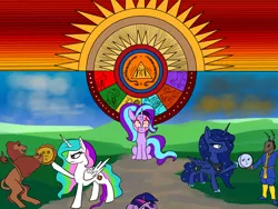 Size: 2000x1500 | Tagged: safe, artist:slamjam, derpibooru import, princess celestia, princess luna, starlight glimmer, twilight sparkle, big cat, deer, lion, image, jpeg, mandala, moon, sun