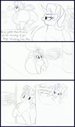 Size: 2432x4096 | Tagged: suggestive, artist:andesblorps, derpibooru import, starlight glimmer, twilight sparkle, twilight sparkle (alicorn), alicorn, pony, unicorn, belly, big belly, blushing, butt, cake, comic, door, duo, eating, fat, female, food, glow, glowing horn, high res, horn, hypocrisy, image, indoors, jpeg, large butt, lineart, mare, pizza, rear view, starlard glimmer, stuck, the ass was fat, too fat to fit, twibutt, twilard sparkle, twilight has a big ass