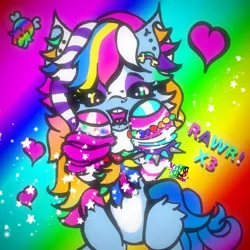 Size: 2000x2000 | Tagged: safe, artist:umbrapone, derpibooru import, oc, unofficial characters only, :o, abstract background, all the colours!, black sclera, bracelet, cheek fluff, chest fluff, clothes, colored hooves, ear fluff, ear piercing, green eyes, hairpin, heart, image, jewelry, leg warmers, long mane, long tail, multicolored hair, muzzle piercing, needs more saturation, nose piercing, nose ring, open mouth, pansexual pride flag, piercing, png, pride, pride flag, rainbow, rainbow background, rainbow hair, rawr, scene kid, skull, sparkle pony, sparkles, spiked wristband, striped mane, stripes, tail, teeth, wall of tags, white belly, wristband, x3, yellow eyes