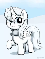 Size: 928x1222 | Tagged: safe, artist:heretichesh, derpibooru import, oc, oc:whiteout, unofficial characters only, pony, unicorn, clothes, eye clipping through hair, female, filly, foal, image, jpeg, raised hoof, scarf, snow, solo