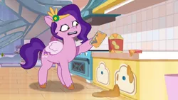 Size: 3410x1920 | Tagged: safe, derpibooru import, screencap, pipp petals, pegasus, pony, my little pony: tell your tale, nightmare roommate, spoiler:g5, spoiler:my little pony: tell your tale, spoiler:tyts01e04, female, food, g5, high res, image, jpeg, mare, mobile phone, open mouth, peanut butter, phone, smartphone, solo