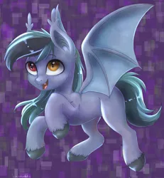 Size: 1895x2048 | Tagged: safe, artist:hellishnya, derpibooru import, oc, oc:scrimmy, unofficial characters only, bat pony, pony, bat pony oc, bat wings, eyes open, fangs, full body, heterochromia, image, jpeg, looking up, open mouth, raised hoof, shiny, simple background, smiling, solo, spread wings, wings