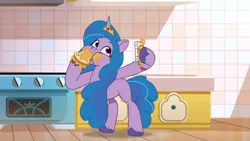 Size: 3410x1920 | Tagged: safe, derpibooru import, screencap, izzy moonbow, pony, unicorn, my little pony: tell your tale, nightmare roommate, spoiler:g5, spoiler:my little pony: tell your tale, spoiler:tyts01e04, bread, eating, female, food, g5, high res, image, jpeg, mare, mobile phone, phone, selfie, smartphone, solo
