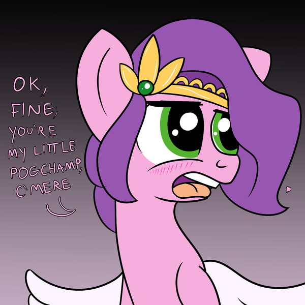 Size: 2000x2000 | Tagged: safe, artist:dafiltafish, derpibooru import, pipp petals, pegasus, pony, blushing, g5, gradient background, image, looking away, meme, png, pogchamp, request, speech bubble, talking