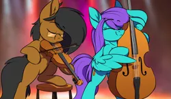 Size: 1666x966 | Tagged: safe, artist:notetaker, derpibooru import, oc, oc:notetaker, oc:swing time, unofficial characters only, earth pony, pegasus, pony, blurry background, double bass, image, musical instrument, png, stool, viola, wing hands, wings