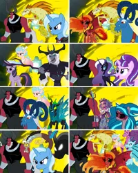 Size: 4096x5120 | Tagged: artist needed, safe, derpibooru import, edit, vector edit, adagio dazzle, aria blaze, cozy glow, discord, gaea everfree, grogar, lord tirek, mean twilight sparkle, nightmare rarity, pony of shadows, queen chrysalis, sonata dusk, starlight glimmer, storm king, sunset shimmer, trixie, alicorn, changeling, draconequus, earth pony, pony, sheep, siren, taur, unicorn, equestria girls, magic duel, my little pony: the movie, shadow play, the ending of the end, bell, eris, evil trixie, grogar's bell, image, male, png, ram, rule 63, vector
