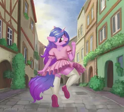 Size: 2000x1800 | Tagged: safe, artist:foxyara, derpibooru import, izzy moonbow, anthro, pony, unicorn, building, clothes, dress, female, g5, house, image, mare, panties, plant, png, socks, solo, stockings, storm drain, street, thigh highs, underwear