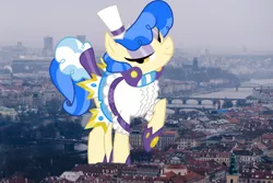 Size: 1600x1067 | Tagged: safe, artist:dashiesparkle, artist:thegiantponyfan, derpibooru import, sapphire shores, earth pony, pony, czech republic, female, giant pony, giant sapphire shores, giant/macro earth pony, giantess, highrise ponies, image, irl, looking at you, macro, mega giant, photo, png, ponies in real life, prague, raised hoof, smiling