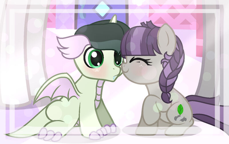 Size: 1280x810 | Tagged: safe, artist:crystalmoon101, artist:diamondloveda, derpibooru import, maud pie, rarity, oc, oc:emerald, oc:sylvia, dracony, earth pony, hybrid, pony, unicorn, base used, blushing, duo focus, eyes closed, female, filly, foal, image, interspecies offspring, jpeg, nuzzling, offscreen character, offspring, parent:maud pie, parent:mud briar, parent:rarity, parent:spike, parents:maudbriar, parents:sparity