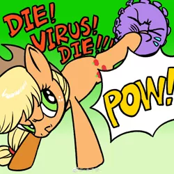 Size: 2067x2067 | Tagged: safe, artist:kura, derpibooru import, applejack, coronavirus, covid-19, image, jpeg, kicking, virus