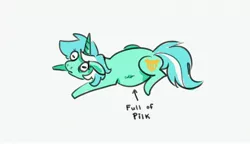 Size: 3600x2078 | Tagged: safe, artist:opalacorn, derpibooru import, lyra heartstrings, pony, unicorn, bloated, female, full of pilk, image, jpeg, lying down, mare, meme, pilk, prone, simple background, solo, sploot, white background