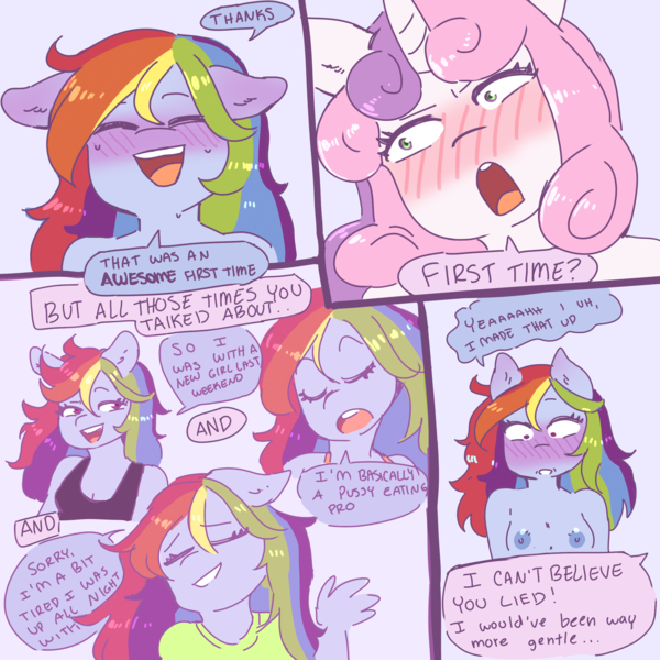 Size: 2500x2500 | Tagged: questionable, artist:currentlytr_ash, derpibooru import, rainbow dash, sweetie belle, anthro, pegasus, unicorn, blushing, bragging, breasts, delicious flat chest, eyes closed, female, first time, image, lesbian, nipples, nudity, open mouth, png, rainbow flat, shipping, small breasts, sweat, sweetiedash