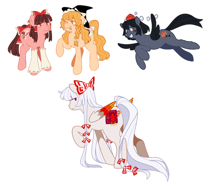 Size: 2208x1912 | Tagged: artist needed, source needed, useless source url, safe, derpibooru import, ponified, earth pony, pegasus, pony, bow, female, fujiwara no mokou, hakurei reimu, hat, image, kirisame marisa, mare, png, shameimaru aya, simple background, touhou, transparent background