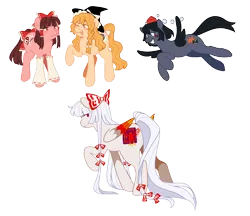 Size: 2208x1912 | Tagged: artist needed, source needed, useless source url, safe, derpibooru import, ponified, earth pony, pegasus, pony, bow, female, fujiwara no mokou, hakurei reimu, hat, image, kirisame marisa, mare, png, shameimaru aya, simple background, touhou, transparent background