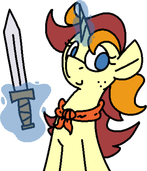 Size: 1152x1336 | Tagged: safe, artist:skookz, derpibooru import, oc, oc:juniper stone, unofficial characters only, pony, unicorn, bandana, dithering, female, freckles, image, magic, mare, png, simple background, solo, sword, telekinesis, transparent background, weapon