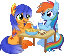 Size: 8094x6789 | Tagged: safe, artist:cyanlightning, derpibooru import, rainbow dash, oc, oc:solar aura, pegasus, pony, .svg available, absurd resolution, chips, drink, duo, ear fluff, female, food, hoof hold, image, mare, png, sandwich, simple background, sitting, soda, transparent background, vector