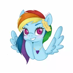 Size: 1600x1600 | Tagged: artist needed, safe, derpibooru import, rainbow dash, pegasus, pony, blushing, bust, image, jpeg, looking at you, simple background, smiling, smiling at you, spread wings, white background, wings