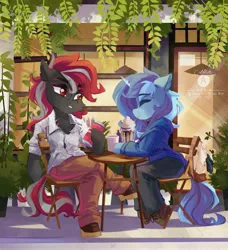Size: 3731x4096 | Tagged: safe, artist:saxopi, derpibooru import, oc, oc:conicaw, oc:crimson fist, unofficial characters only, earth pony, pony, semi-anthro, unicorn, bag, brown eyes, cafe, cheek fluff, chest fluff, clothes, colored pupils, commission, drink, drinking, drinking straw, duo, duo male, earth pony oc, eyebrows, eyebrows visible through hair, eyelashes, eyes closed, high res, hoof shoes, horn, image, jpeg, looking at someone, male, milkshake, outdoors, pants, scar, shirt, sitting, smiling, stallion, tail, two toned mane, two toned tail, unicorn oc