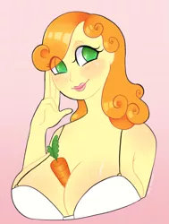 Size: 1433x1894 | Tagged: suggestive, artist:immunefox, derpibooru import, carrot top, golden harvest, human, big breasts, bra, breasts, busty carrot top, carrot, cleavage, clothes, eye clipping through hair, female, food, humanized, image, looking at you, png, solo, solo female, underwear