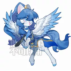 Size: 2000x2000 | Tagged: safe, artist:kura, derpibooru import, oc, unofficial characters only, pegasus, pony, chest fluff, chinese text, clothes, female, image, jpeg, mare, moon runes, necktie, open mouth, simple background, solo, watermark, white background, wings