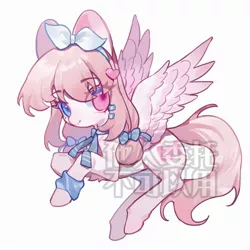 Size: 2000x2000 | Tagged: safe, artist:kura, derpibooru import, oc, unofficial characters only, pegasus, pony, chest fluff, chinese text, female, heart, image, jpeg, looking at you, mare, moon runes, ribbon, simple background, solo, watermark, white background, wings