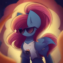 Size: 2600x2600 | Tagged: safe, artist:miryelis, derpibooru import, oc, oc:rainven wep, pegasus, pony, clothes, crossover, fire, glasses, image, looking at you, png, ponytail, serious sam, smiling, smiling at you, solo, wings