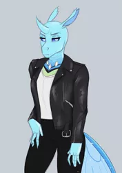 Size: 1663x2354 | Tagged: safe, artist:askbubblelee, derpibooru import, oc, oc:imago, unofficial characters only, anthro, changedling, changeling, alternate universe, anthro oc, changedling oc, changeling oc, clothes, digital art, female, grumpy, image, jacket, pants, png, simple background, willowverse