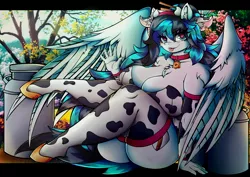 Size: 4096x2899 | Tagged: suggestive, artist:canvymamamoo, derpibooru import, oc, oc:canvy, unofficial characters only, anthro, pegasus, unguligrade anthro, bell, big breasts, breasts, chest fluff, cleavage, clothes, collar, cow ears, cow horns, cowbell, cowprint, eyeshadow, female, floppy ears, gloves, heart eyes, horns, huge breasts, image, jpeg, long gloves, looking at you, makeup, milk jug, sitting, smiling, socks, solo, solo female, stockings, thigh highs, tongue out, tree, waving, wide hips, wingding eyes