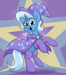 Size: 1851x2112 | Tagged: safe, artist:moonatik, derpibooru import, trixie, pony, unicorn, abstract background, cape, clothes, female, gloves, hat, image, looking at you, mare, png, rearing, socks, solo, stars, trixie's cape, trixie's hat