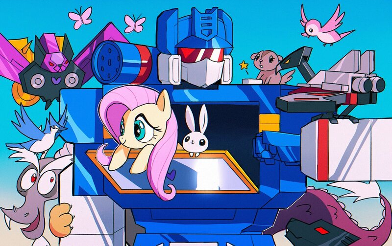 Size: 1789x1125 | Tagged: safe, artist:santaharabum, derpibooru import, idw, angel bunny, discord, fluttershy, bird, pony, rabbit, squirrel, animal, crossover, friendship in disguise, image, jpeg, laserbeak, ratbat, ravage, soundwave, transformers