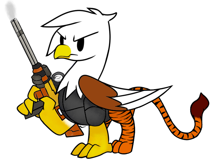 Size: 694x522 | Tagged: safe, artist:firehearttheinferno, derpibooru import, oc, oc:duke, unofficial characters only, big cat, bird, eagle, gryphon, tiger, fallout equestria, armor, beak, chibi, claws, derpibooru exclusive, food, furrowed brow, gift art, gun, image, metal, minimalist, modern art, orange, png, scope, serious, serious face, simple background, smoke, solo, stripes, tales of fallout equestria, talons, transparent background, vault boy style, weapon, wings