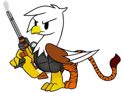 Size: 694x522 | Tagged: safe, artist:firehearttheinferno, derpibooru import, oc, oc:duke, unofficial characters only, big cat, bird, eagle, gryphon, tiger, fallout equestria, armor, beak, chibi, claws, derpibooru exclusive, food, furrowed brow, gift art, gun, image, metal, minimalist, modern art, orange, png, scope, serious, serious face, simple background, smoke, solo, stripes, tales of fallout equestria, talons, transparent background, vault boy style, weapon, wings