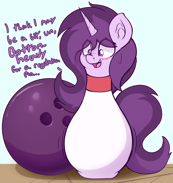 Size: 2120x2244 | Tagged: questionable, artist:czu, derpibooru import, oc, oc:czupone, unicorn, blushing, bowling ball, bowling pin, dialogue, erotic bowling pin meme, fetish, floppy ears, image, inanimate tf, not salmon, object vore, open mouth, open smile, png, pregnant, smiling, sweat, sweatdrop, transformation, wat