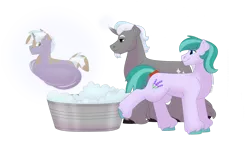 Size: 1280x732 | Tagged: safe, artist:itstechtock, derpibooru import, oc, oc:gilded leaf, oc:lavender joy, oc:polished lance, unofficial characters only, pony, bathtub, image, magic, png, simple background, transparent background, wheel o feet