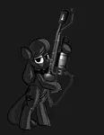 Size: 2550x3300 | Tagged: safe, artist:belaboy, edit, octavia melody, earth pony, pony, bipedal, bow, bowtie, dark, encasement, flamethrower, gray background, grayscale, hood, hoof hold, image, latex, latex suit, leaning, lidded eyes, monochrome, png, seams, shitposting, simple background, solo, team fortress 2, weapon