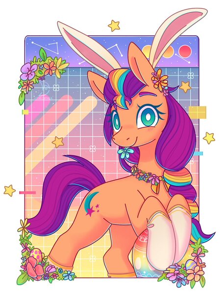 Size: 913x1199 | Tagged: safe, artist:musicfirewind, derpibooru import, sunny starscout, earth pony, pony, bunny ears, easter, easter bunny, flower, flower in hair, g5, holiday, image, jpeg