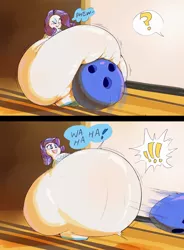 Size: 1475x2000 | Tagged: suggestive, artist:sirmasterdufel, derpibooru import, rarity, 2 panel comic, belly, big belly, blushing, bouncing, bowling alley, bowling ball, bowling pin, chubby cheeks, comic, erotic bowling pin meme, exclamation point, fat, female, image, inanimate tf, jpeg, meme, one eye closed, open mouth, open smile, puffy cheeks, question mark, raritubby, smiling, solo, squishy, sweat, sweatdrop, transformation, wahaha, wide hips