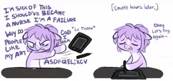 Size: 1238x577 | Tagged: safe, artist:higgly-chan, derpibooru import, oc, unofficial characters only, earth pony, pony, calm, comic, crying, drawing, gibberish, image, jpeg, purple coat, rage, screaming, simple background, solo, tablet, text, throwing, white background