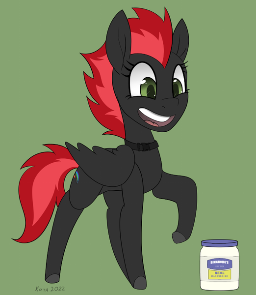 Size: 745x856 | Tagged: safe, artist:brainiac, artist:kota, derpibooru import, oc, oc:cinder blaze, unofficial characters only, pegasus, pony, collar, female, food, image, mare, mayonnaise, png, sauce, solo, this will end in bing bong