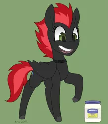 Size: 745x856 | Tagged: safe, artist:brainiac, artist:kota, derpibooru import, oc, oc:cinder blaze, unofficial characters only, pegasus, pony, collar, female, food, image, mare, mayonnaise, png, sauce, solo, this will end in bing bong