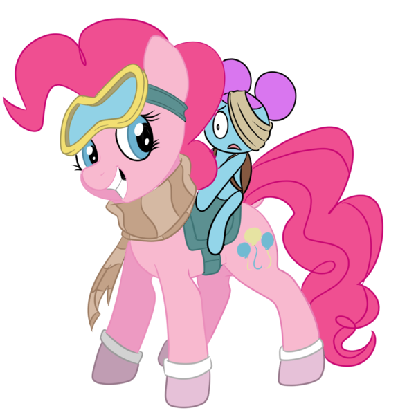 Size: 1149x1200 | Tagged: safe, artist:brainiac, derpibooru import, pinkie pie, earth pony, pony, bag, bandage, clothes, crossover, dusk till dawn, fanart, female, friday night funkin', goggles, hair bun, image, link in description, mare, pibby, png, riding a pony, saddle bag, scared, scarf, simple background, smiling, socks, transparent background