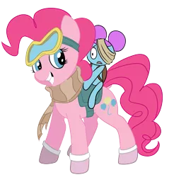 Size: 1149x1200 | Tagged: safe, artist:brainiac, derpibooru import, pinkie pie, earth pony, pony, bag, bandage, clothes, crossover, dusk till dawn, fanart, female, friday night funkin', goggles, hair bun, image, link in description, mare, pibby, png, riding a pony, saddle bag, scared, scarf, simple background, smiling, socks, transparent background