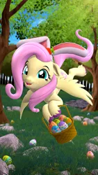 Size: 2160x3840 | Tagged: safe, artist:owlpirate, derpibooru import, fluttershy, pegasus, pony, 3d, 4k, basket, bunny ears, cute, easter basket, easter egg, female, floppy ears, flying, high res, image, jpeg, looking at you, mare, shyabetes, solo, source filmmaker, sunlight