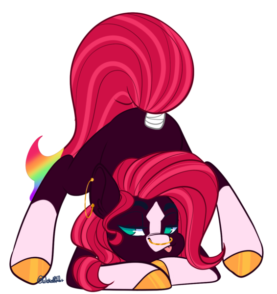 Size: 1188x1260 | Tagged: safe, artist:wicked-red-art, derpibooru import, oc, oc:painted lilly, unofficial characters only, earth pony, pony, :p, bedroom eyes, commission, ear piercing, earring, face down ass up, image, jacko challenge, jewelry, markings, meme, nonbinary, nose piercing, nose ring, piercing, png, simple background, solo, tail, tail wrap, tongue out, transparent background, unshorn fetlocks, ych result