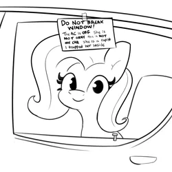 Size: 3000x3000 | Tagged: suggestive, artist:tjpones, derpibooru import, fluttershy, pegasus, pony, black and white, car, female, flutterrape, grayscale, high res, image, joke, looking at you, mare, meme, monochrome, note, png, ponified animal photo, ponified meme, rape joke, smiling, smiling at you, subverted meme