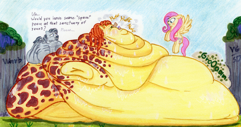 Size: 6480x3432 | Tagged: questionable, artist:white-eyed vireo, derpibooru import, fluttershy, oc, oc:lilly, oc:zach, giraffe, pegasus, zebra, belly, big belly, cake, distraction, duo, fat, female, food, huge belly, image, impossibly large belly, jpeg, long neck, male, obese, simple background, solo, solo male, stretchmarks, sweet feather sanctuary, tap, transparent background, zebra oc