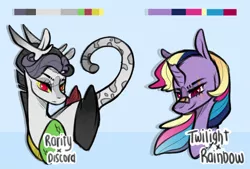 Size: 2144x1453 | Tagged: safe, artist:ryrxian, derpibooru import, oc, unofficial characters only, draconequus, hybrid, pony, unicorn, bust, draconequus oc, duo, eye scar, eyelashes, female, horn, image, interspecies offspring, magical lesbian spawn, mare, offspring, parent:discord, parent:rainbow dash, parent:rarity, parent:twilight sparkle, parents:raricord, parents:twidash, png, scar, smiling, unicorn oc